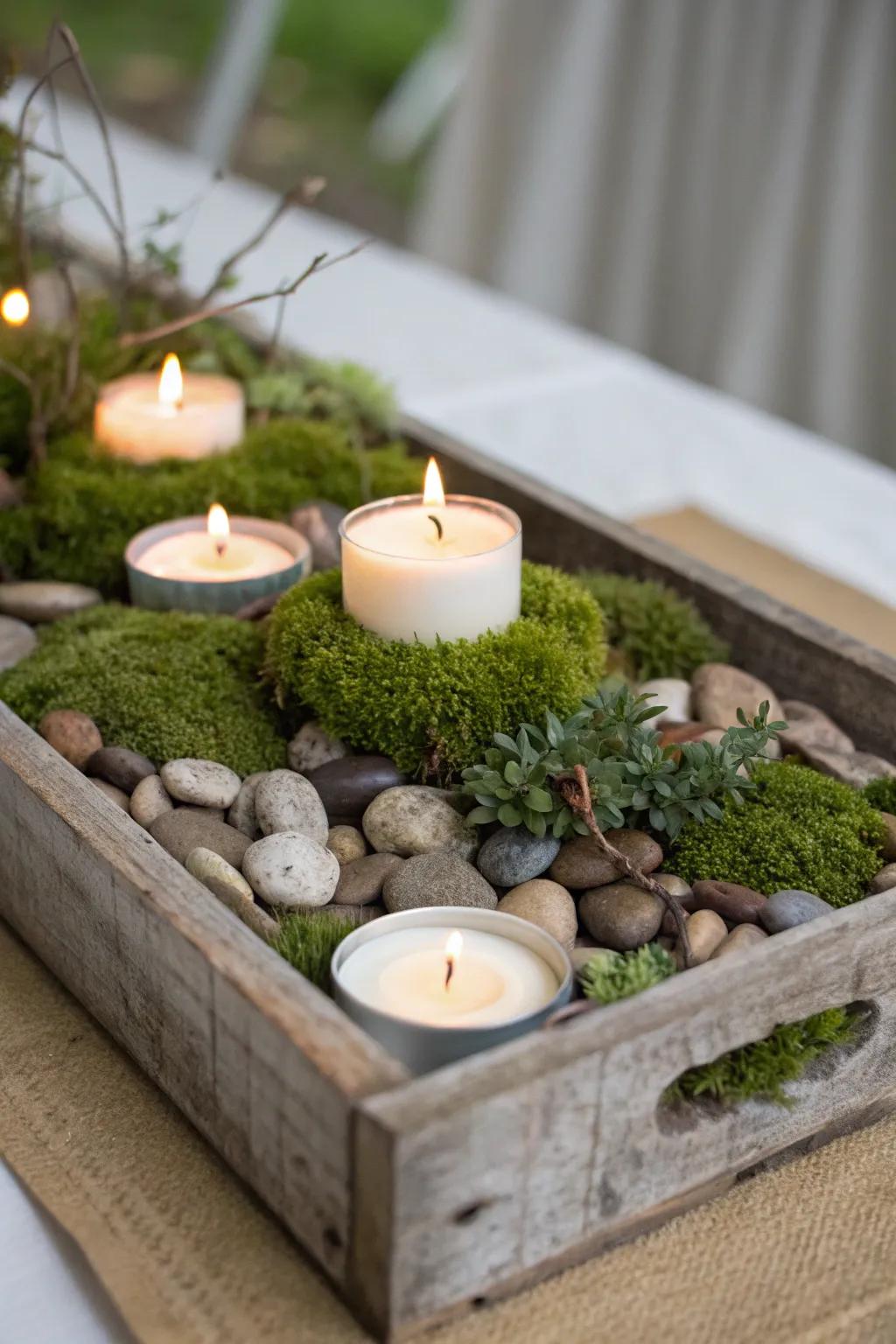 A weathered wooden base featuring small wax lights and natural details.
