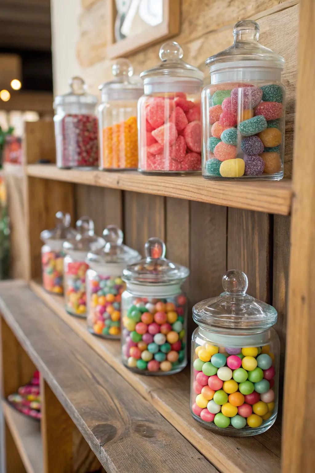 Colorful candies showcased in elegant glass jars.