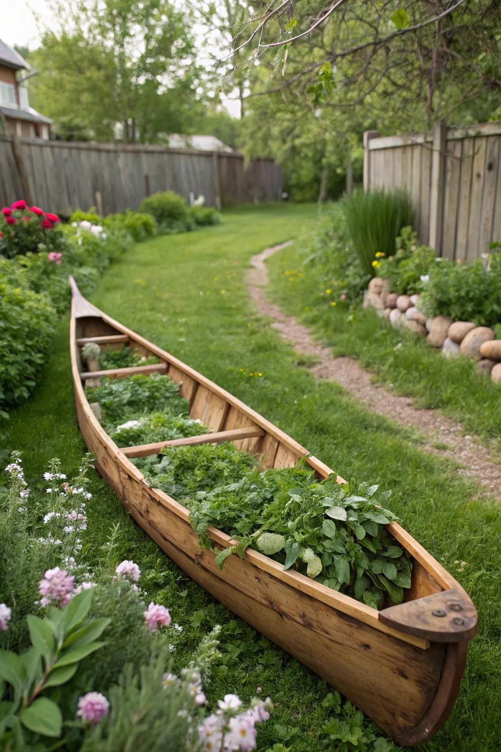 A wooden canoe planter radiates rustic beauty in a garden.