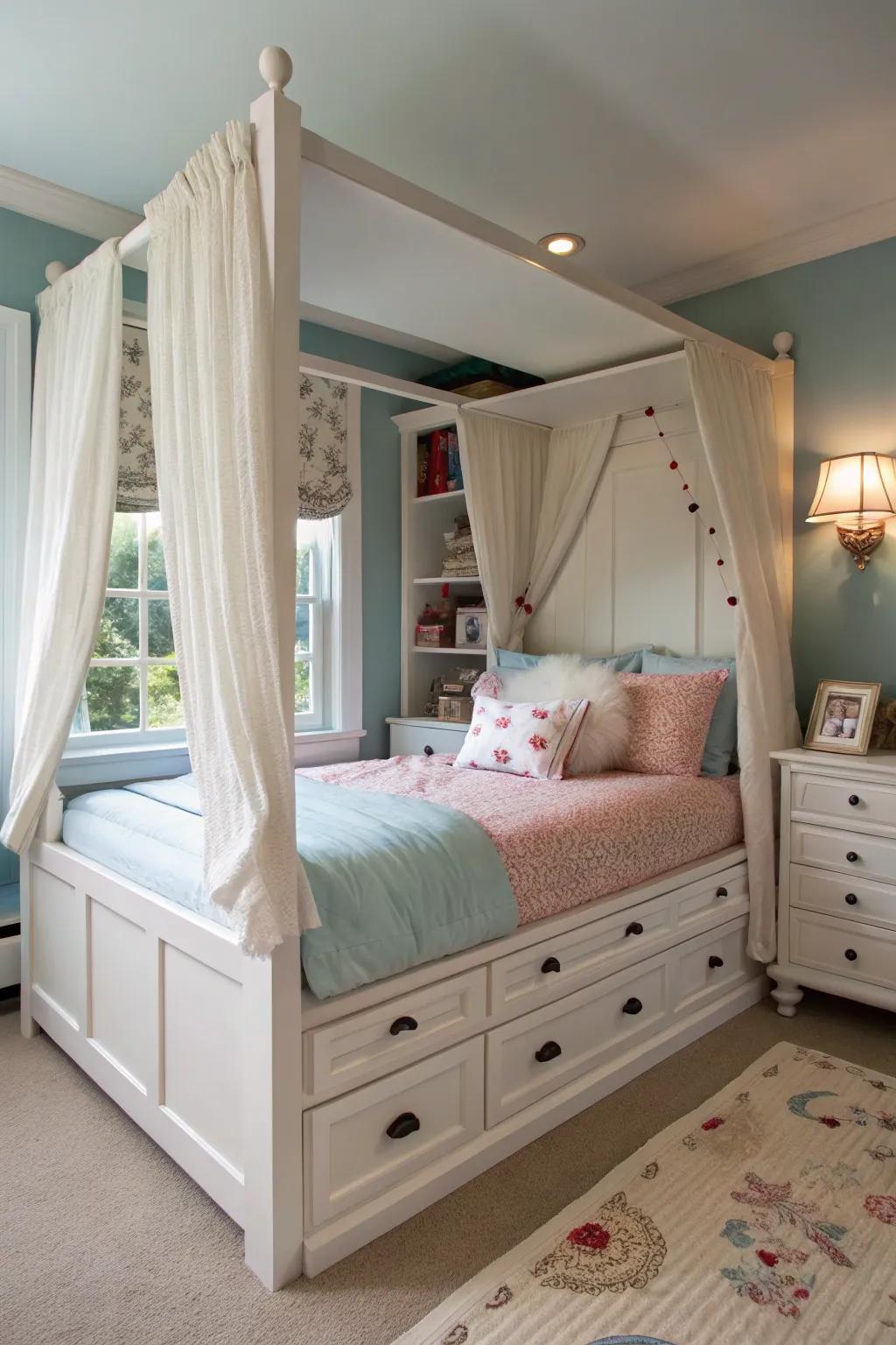 A canopy bed integrating built-in storage amplifies functionality.