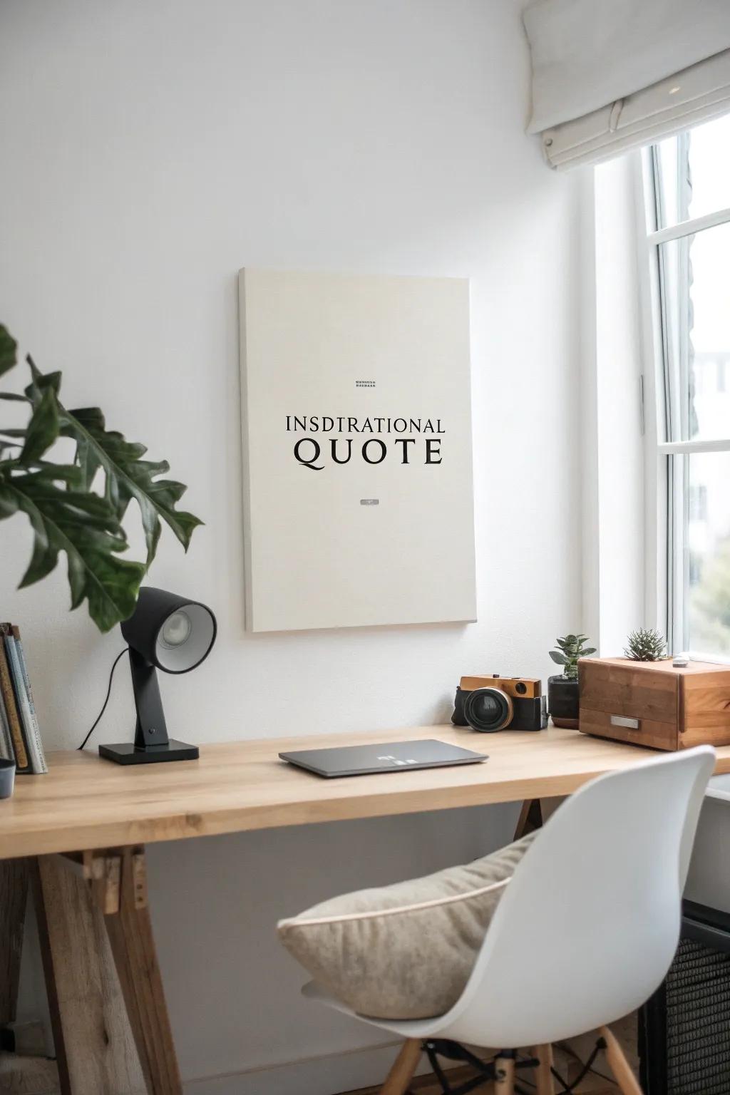 Inspirational phrases on canvas in a home office setting