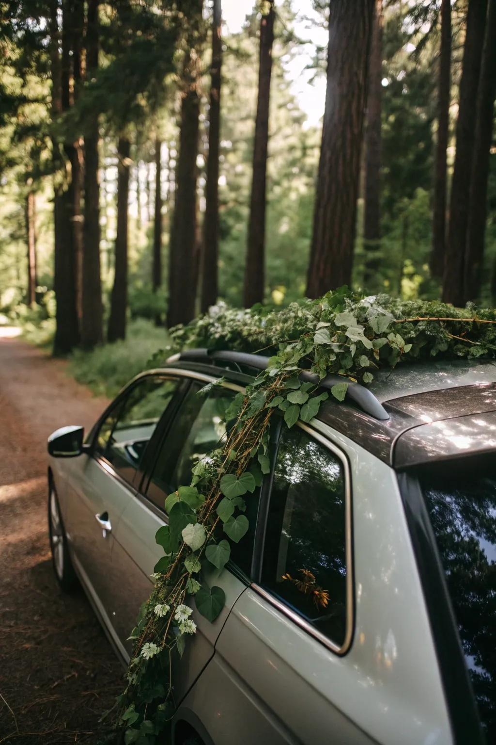 Greenery garlands give the car a refreshing and natural feel.