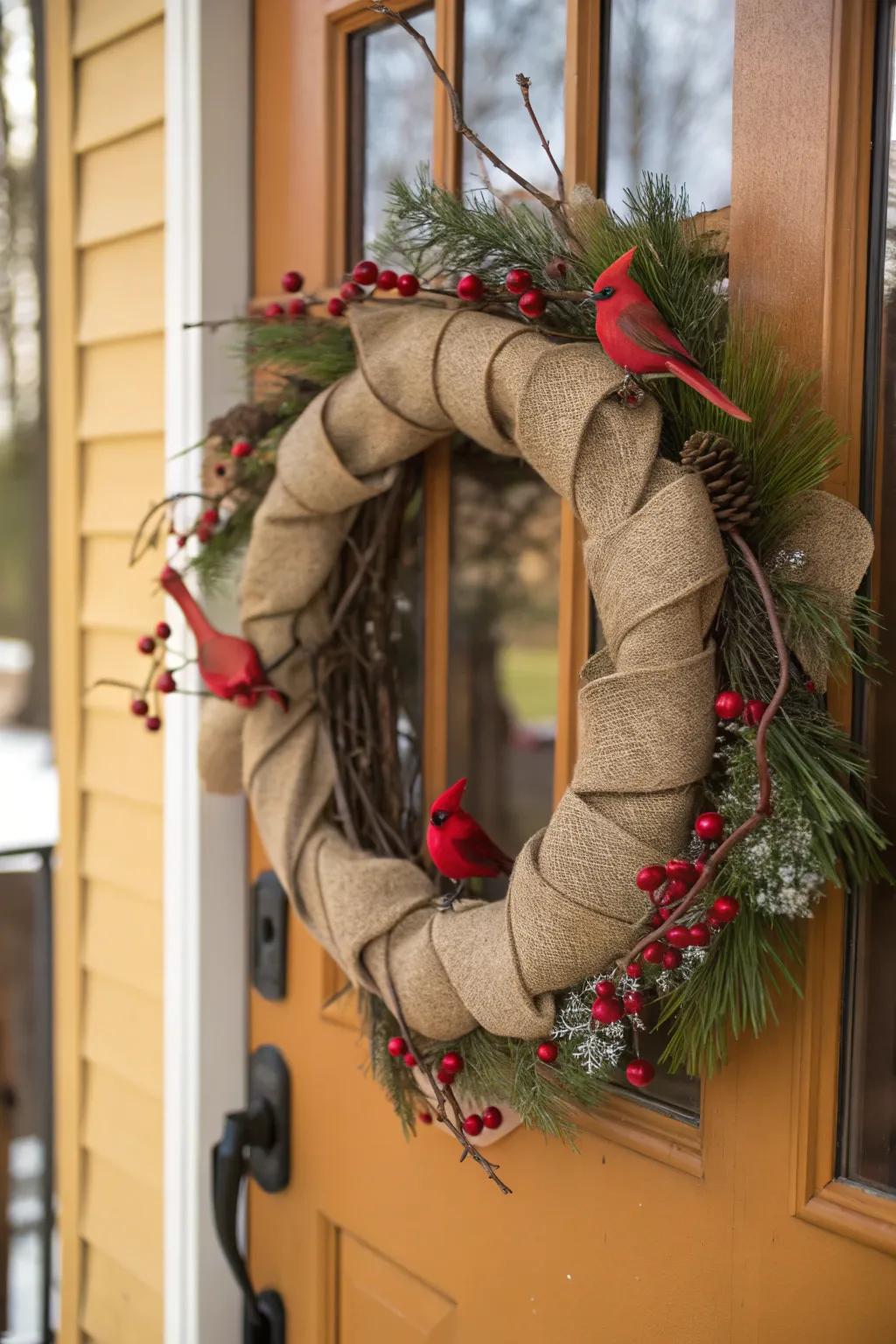 A country-chic wreath with hessian and songbirds for a friendly greeting.