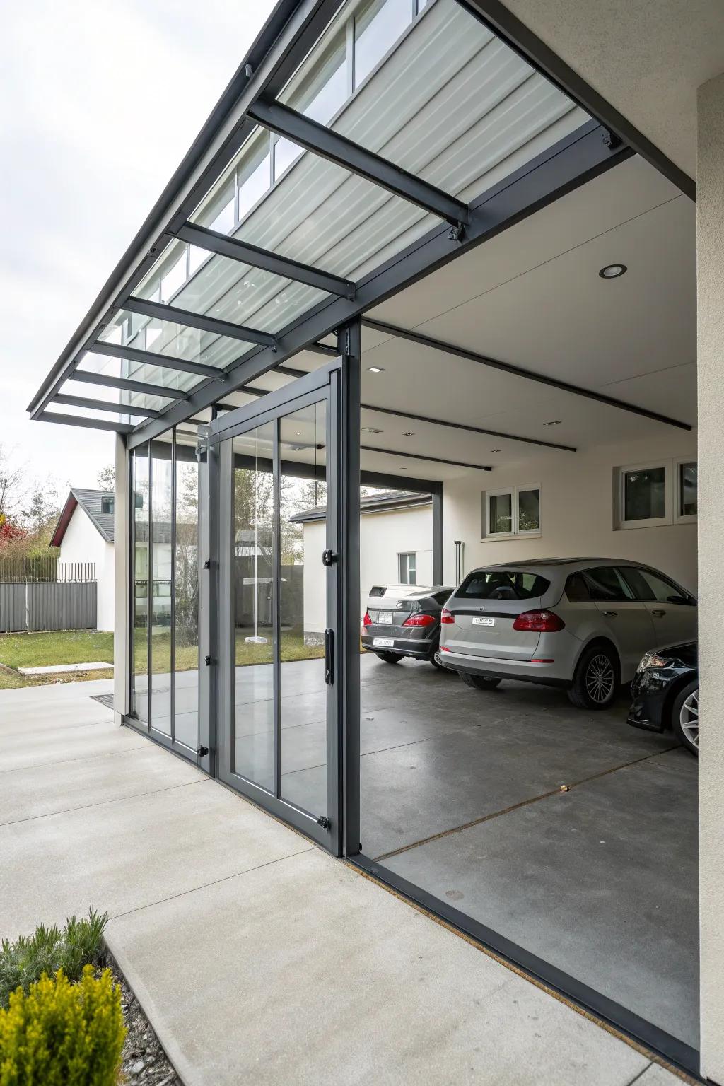 A carport highlighting a fusion of glass and metal entryways, delivering a chic, industrial aesthetic.