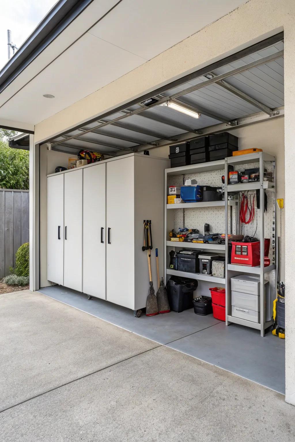 A carport enhanced with organized storage, ideal for keeping tools and outdoor gear neatly arranged.