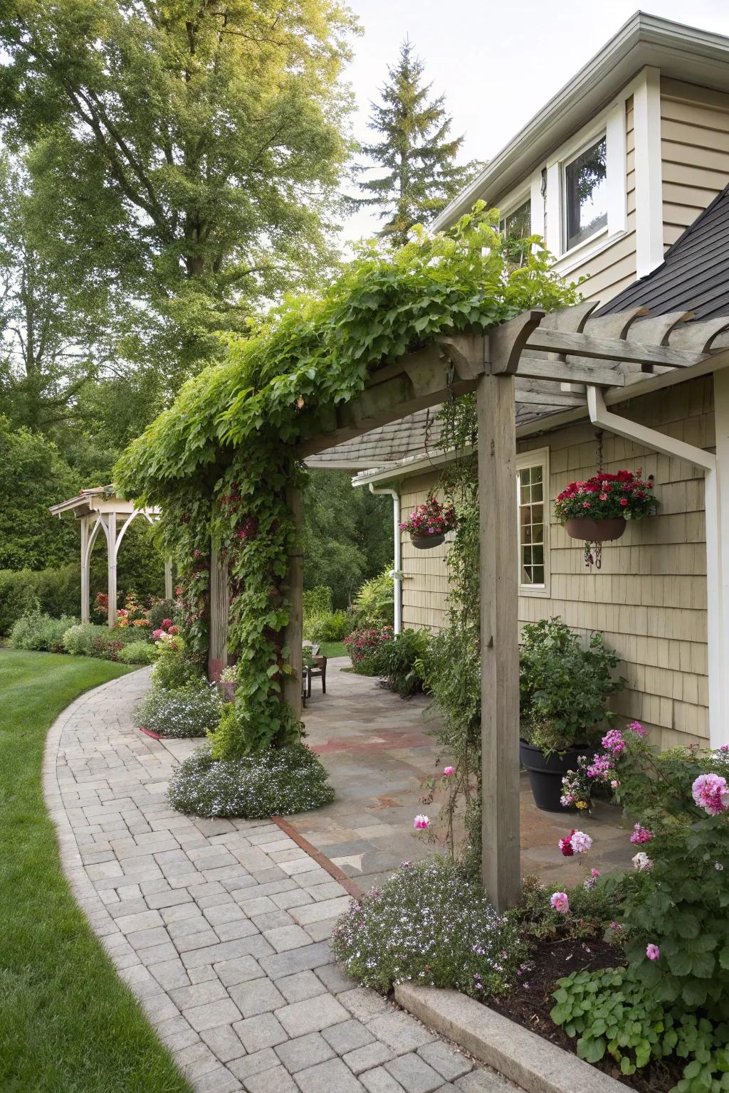 A trellis-style carport that features abundant greenery.