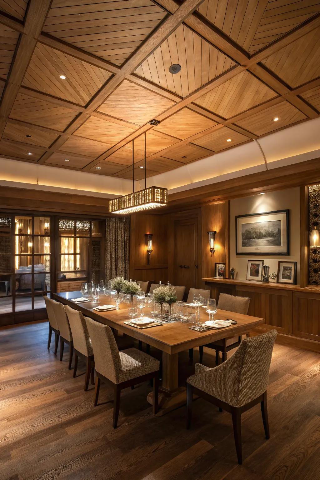 An elegant dining space enhanced by the warmth of a wooden plank ceiling.