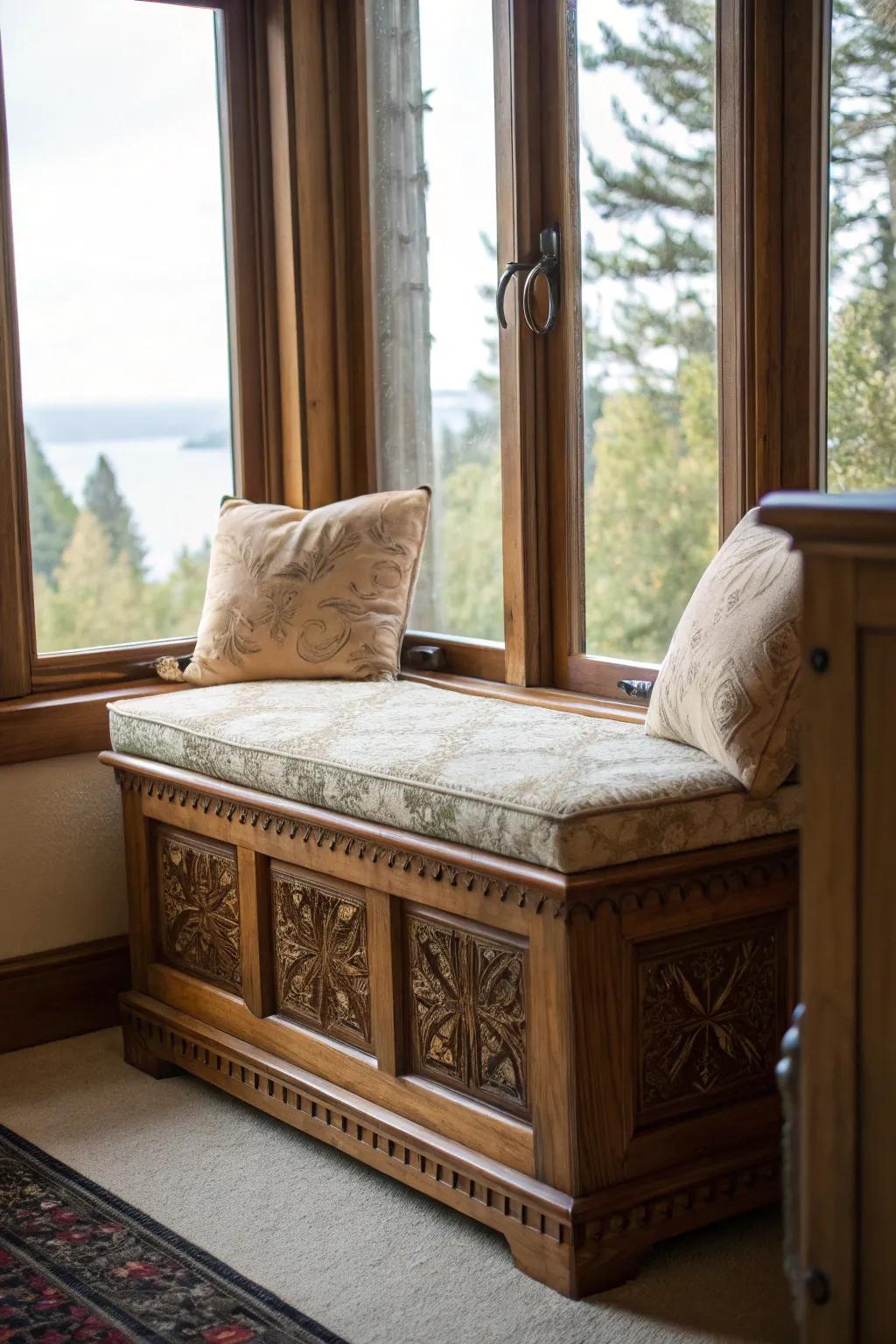 A storage trunk with a pillow becomes the ideal alcove seat.