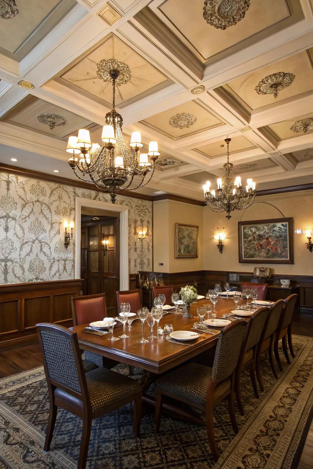 Enhance your dining space using a detailed coffered ceiling.