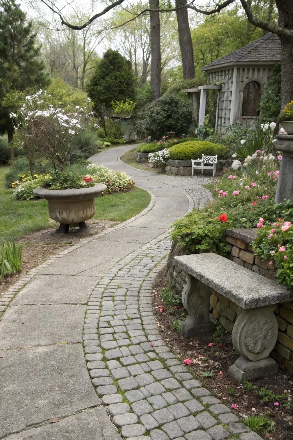 Concrete path exhibiting a vintage cobblestone pattern for timeless charm.