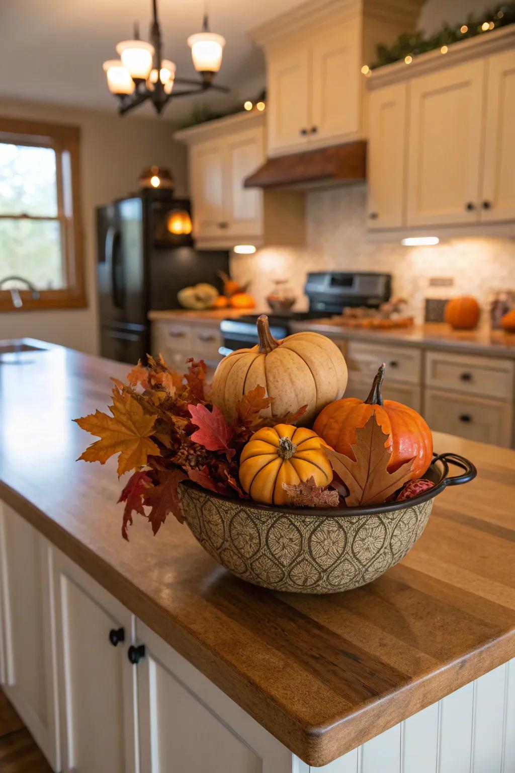 Incorporate a festive element to your kitchen island by using seasonal items.