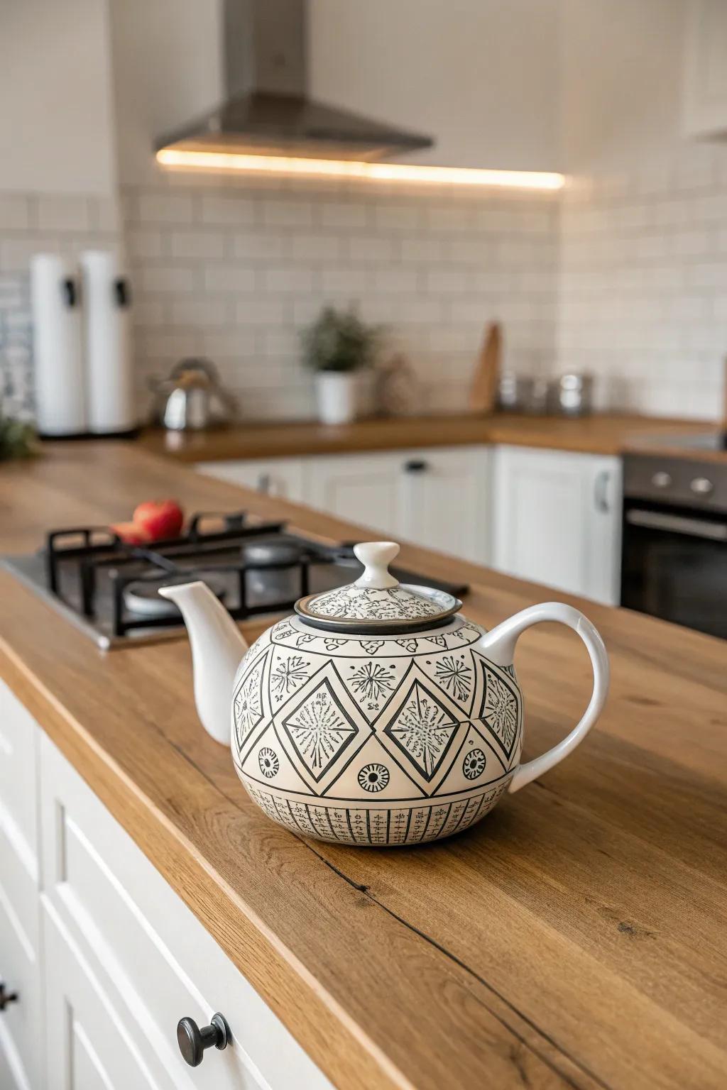 Geometric patterns infuse traditional teapots with a modern sensibility.