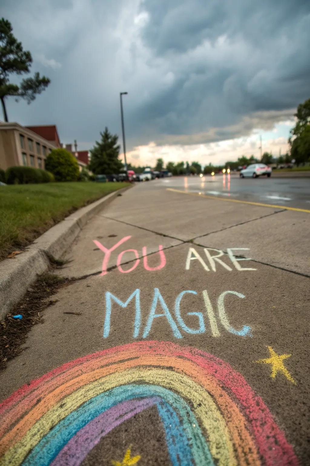A radiant rainbow chalk drawing with an inspirational saying.