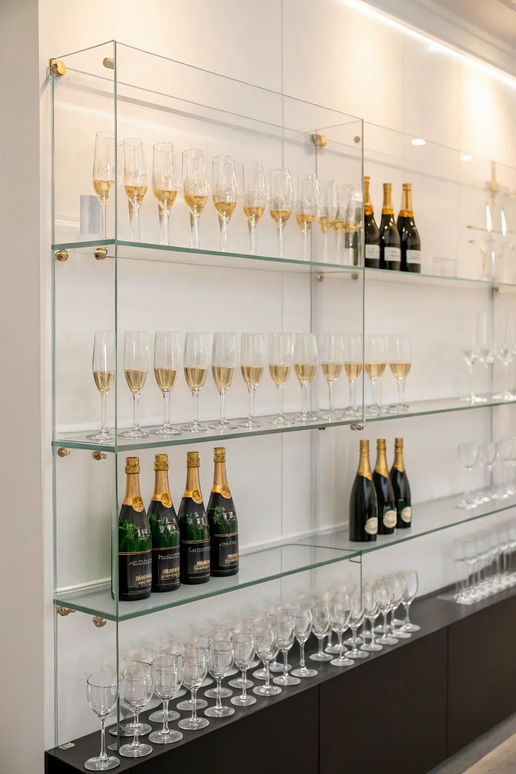 A streamlined acrylic display for a modern sparkling wine showcase.