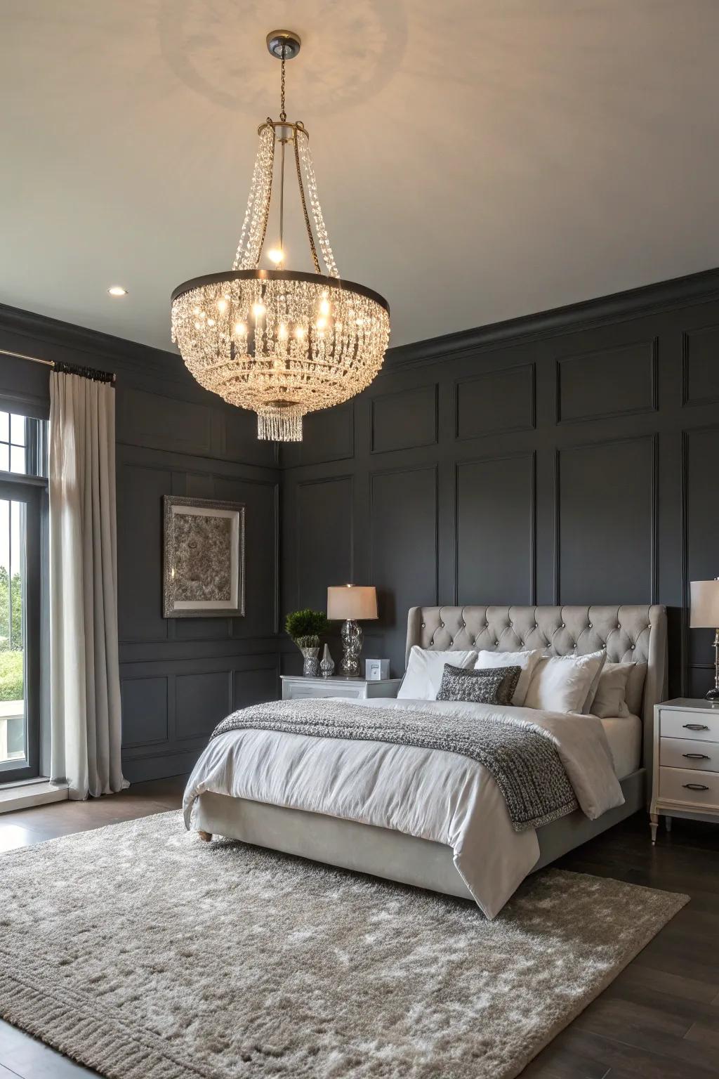Illumination that heightens the elegance of a deep gray bedroom.