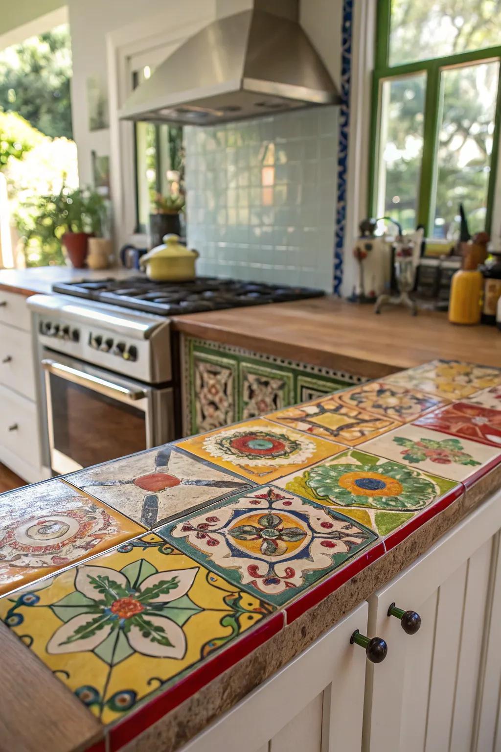 Eye-catching ceramic tile countertops displaying colorful patterns.