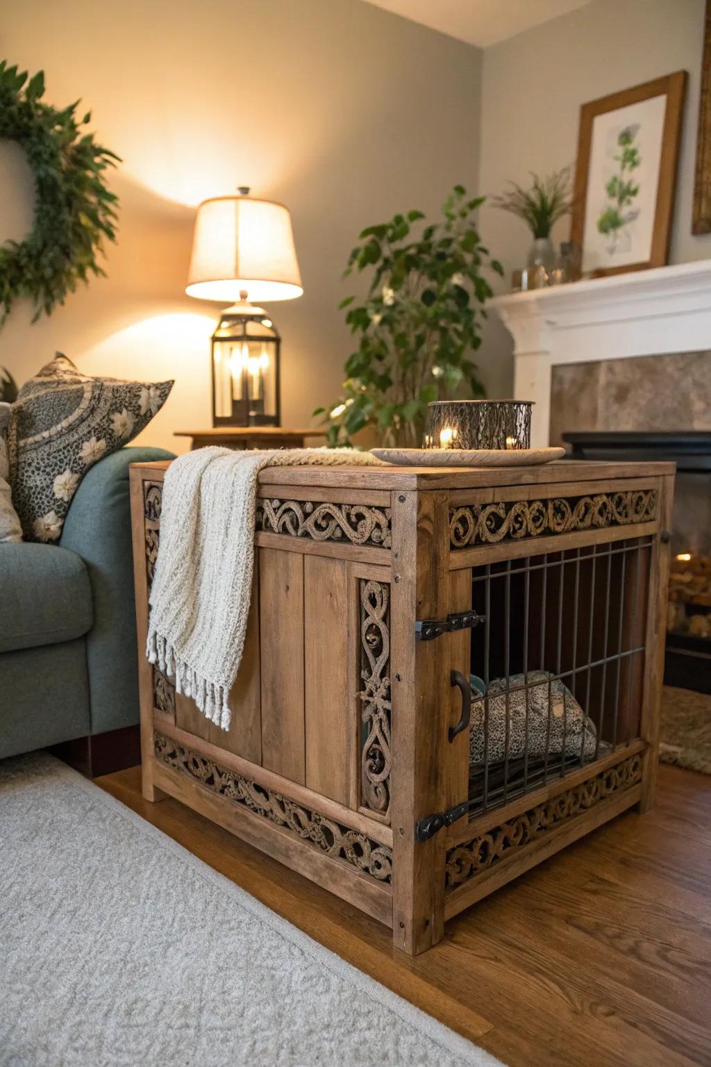 Give your dog's crate a personalized wooden frame.
