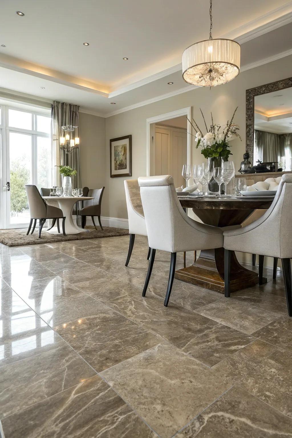 Faux stone flooring replicates luxury at a lower cost.