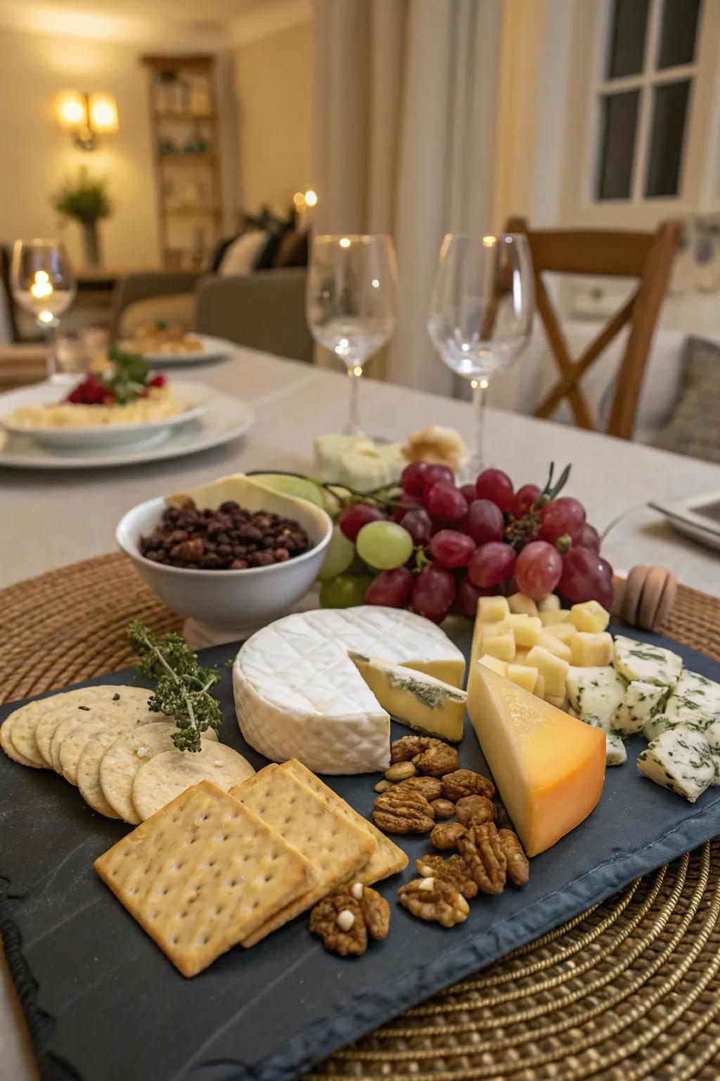 A wide assortment of cheeses beautifully presented.