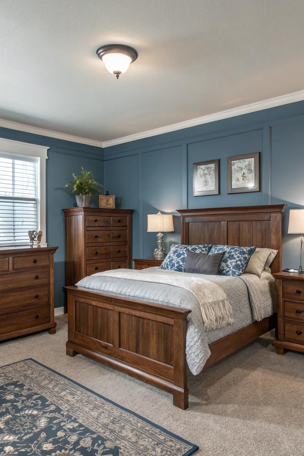 Cherry wood furnishings matched with quiet gray and blue walls.