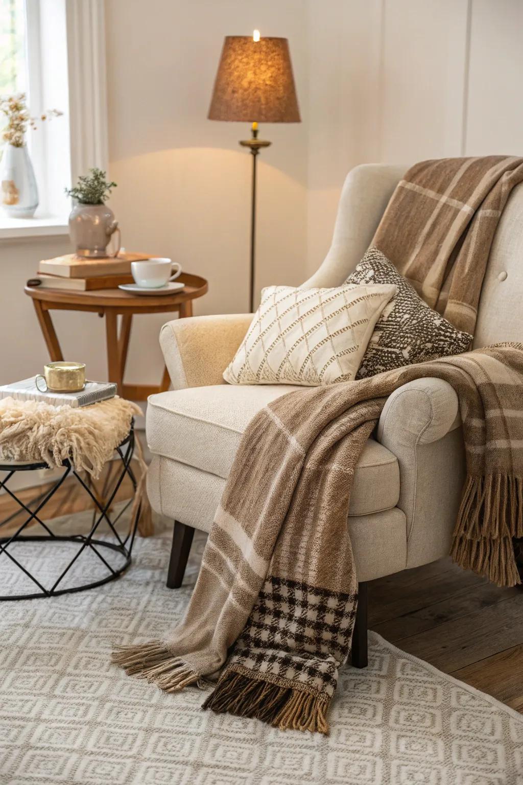 A snug seating area featuring inviting throws.