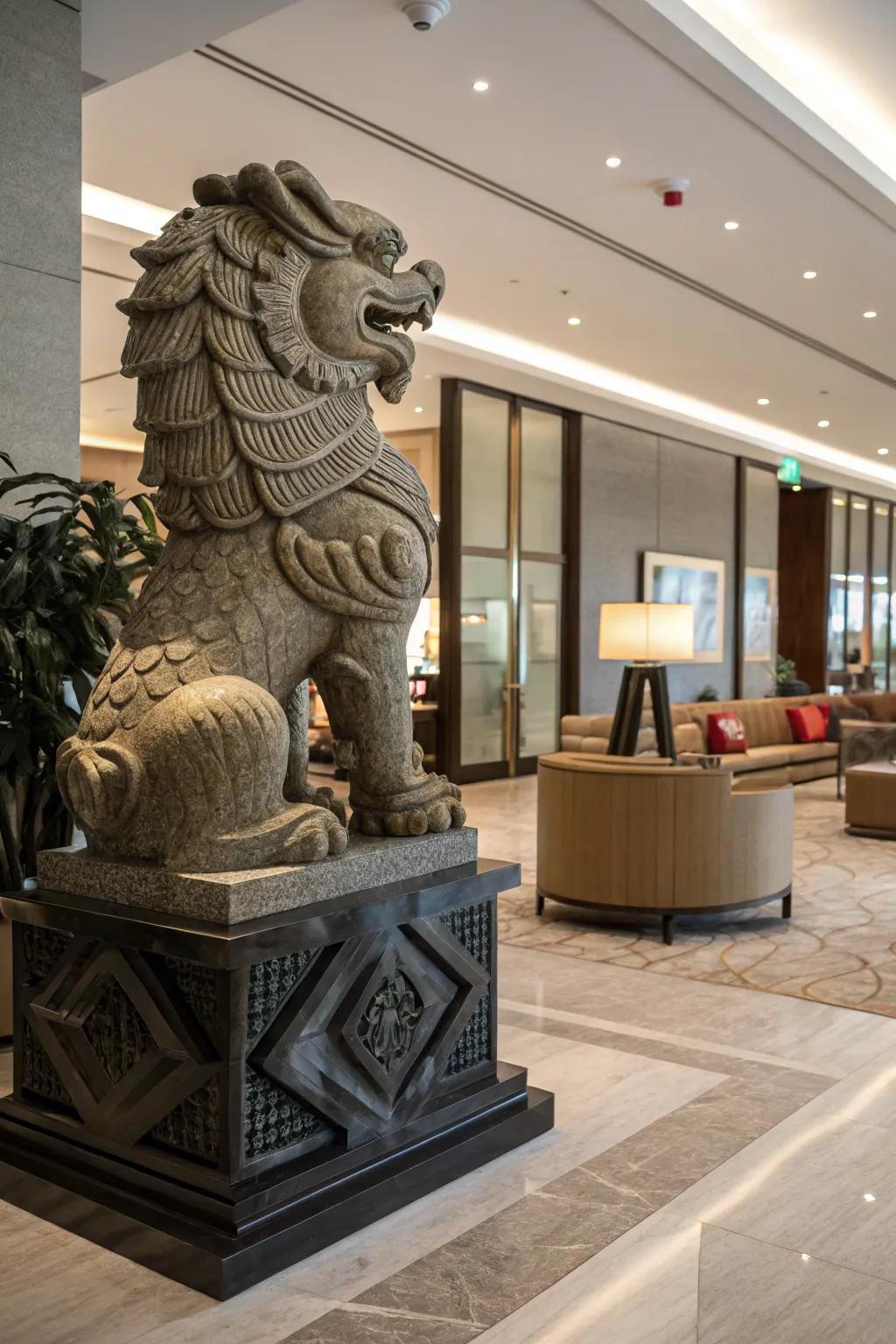A striking Asian-inspired sculpture serving as a focal point in the lobby.