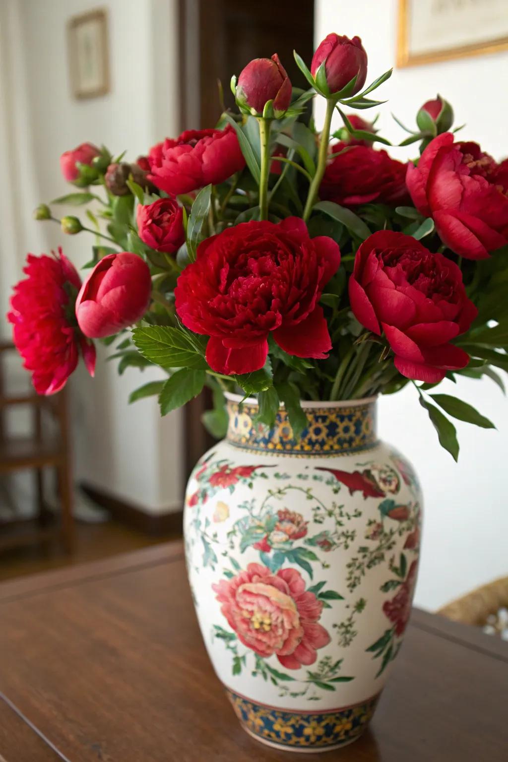 A vibrant scarlet flower arrangement in an exquisite vase.