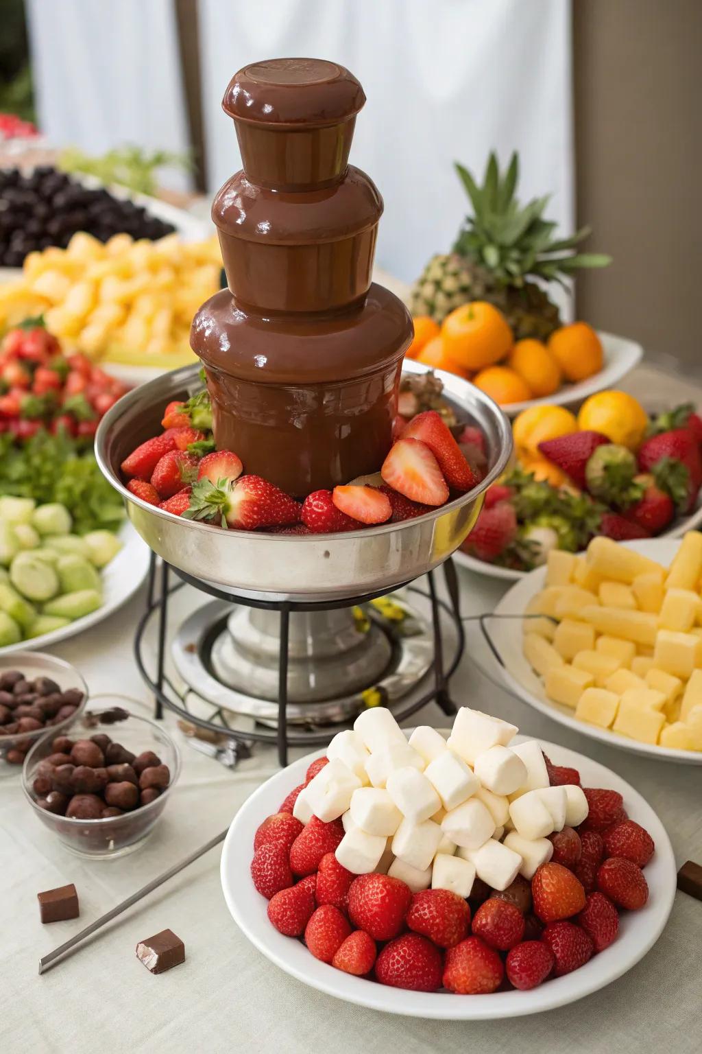 A captivating chocolate fountain prepared for dipping a variety of treats.