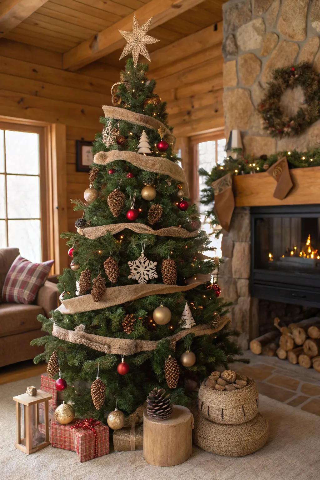 A rustic charm Christmas ball tree with natural elements and wooden accents.