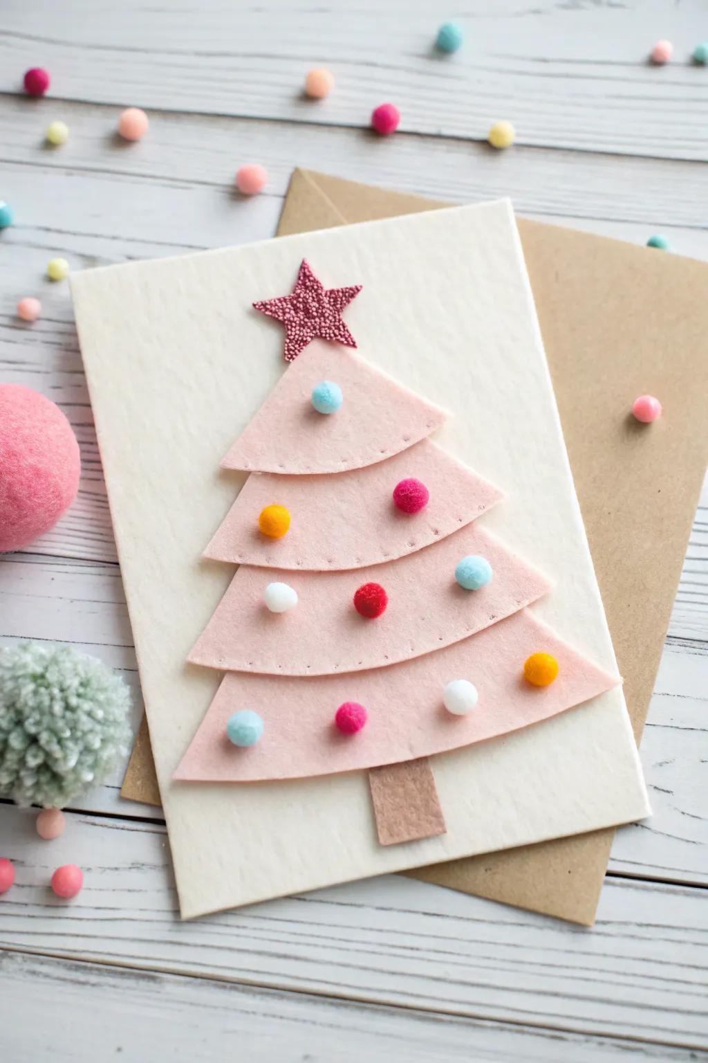 Enjoy the charm of simplicity with a handmade soft material tree card, ideal for spreading joy and warmth this holiday season.