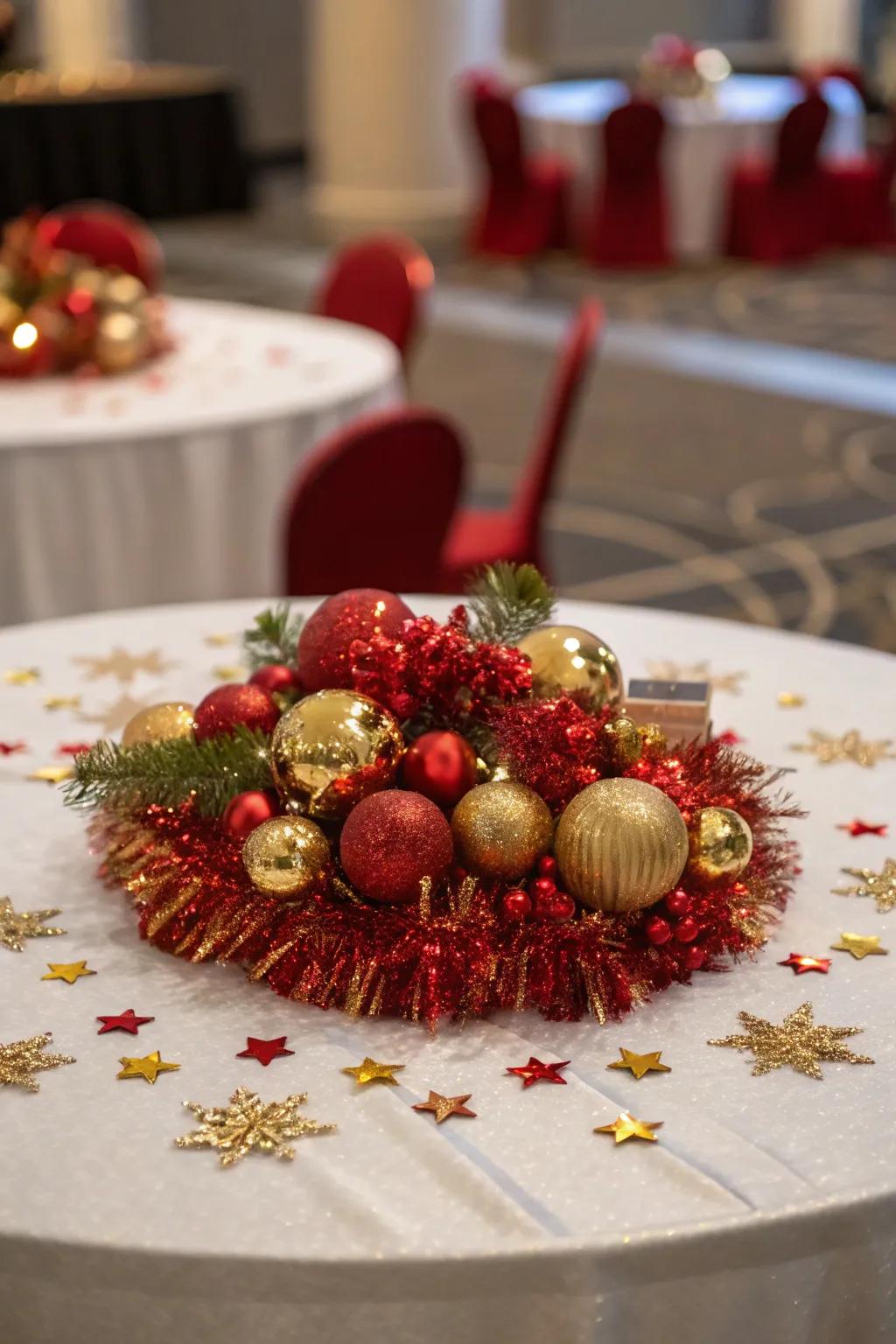 Decorations inject a dash of festive shimmer to the dinner setting.