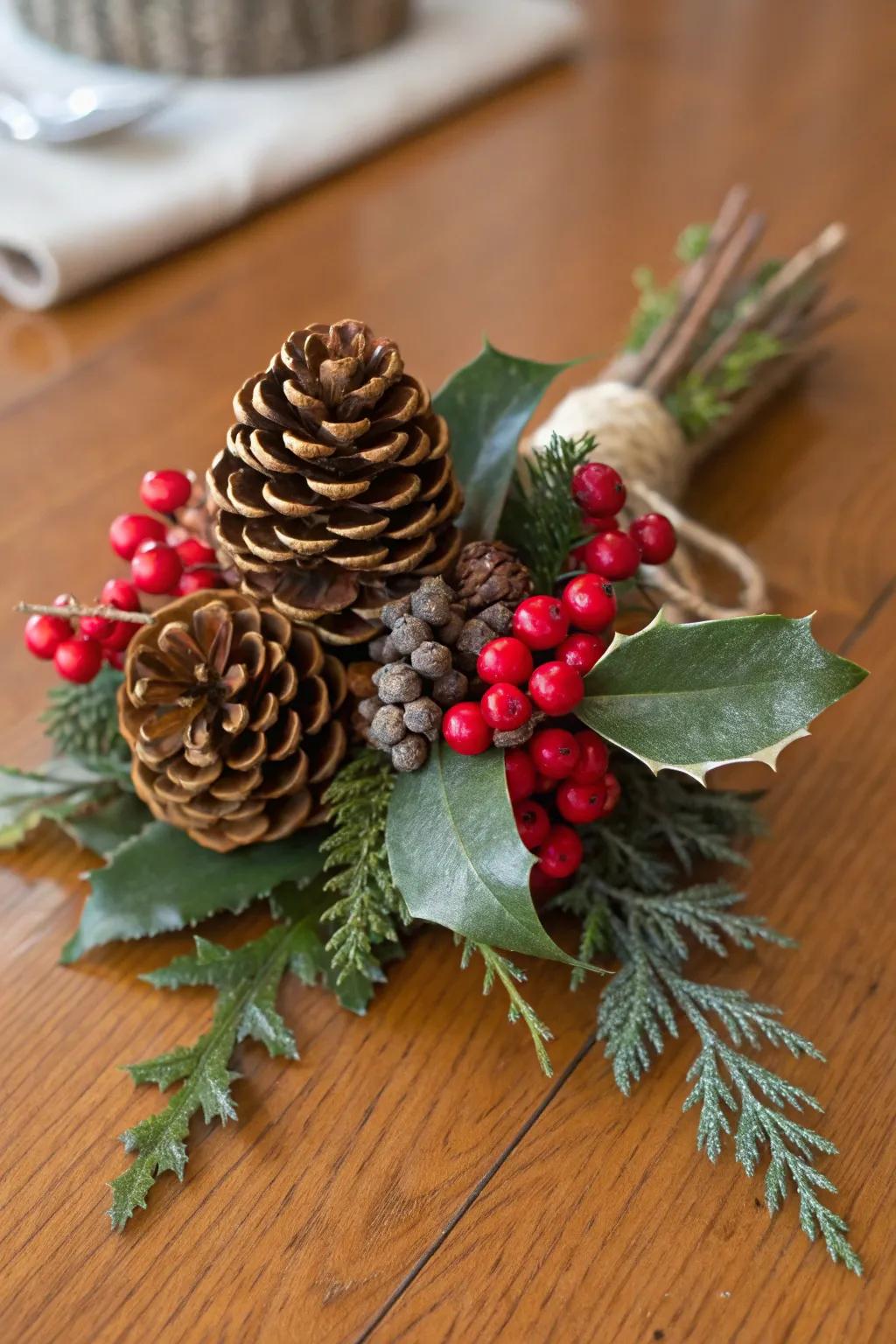 A nature-inspired Christmas corsage featuring seed cones and fruits.