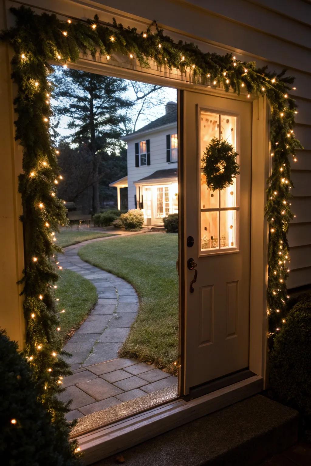 An illuminated entrance featuring a garland of lights.