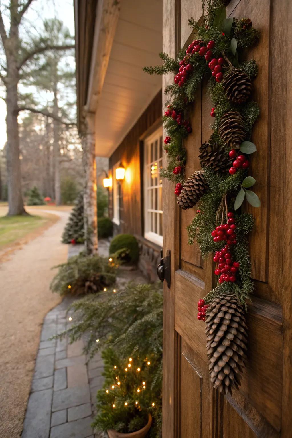 A charming pinecone garland beautifully emphasizes this front door.