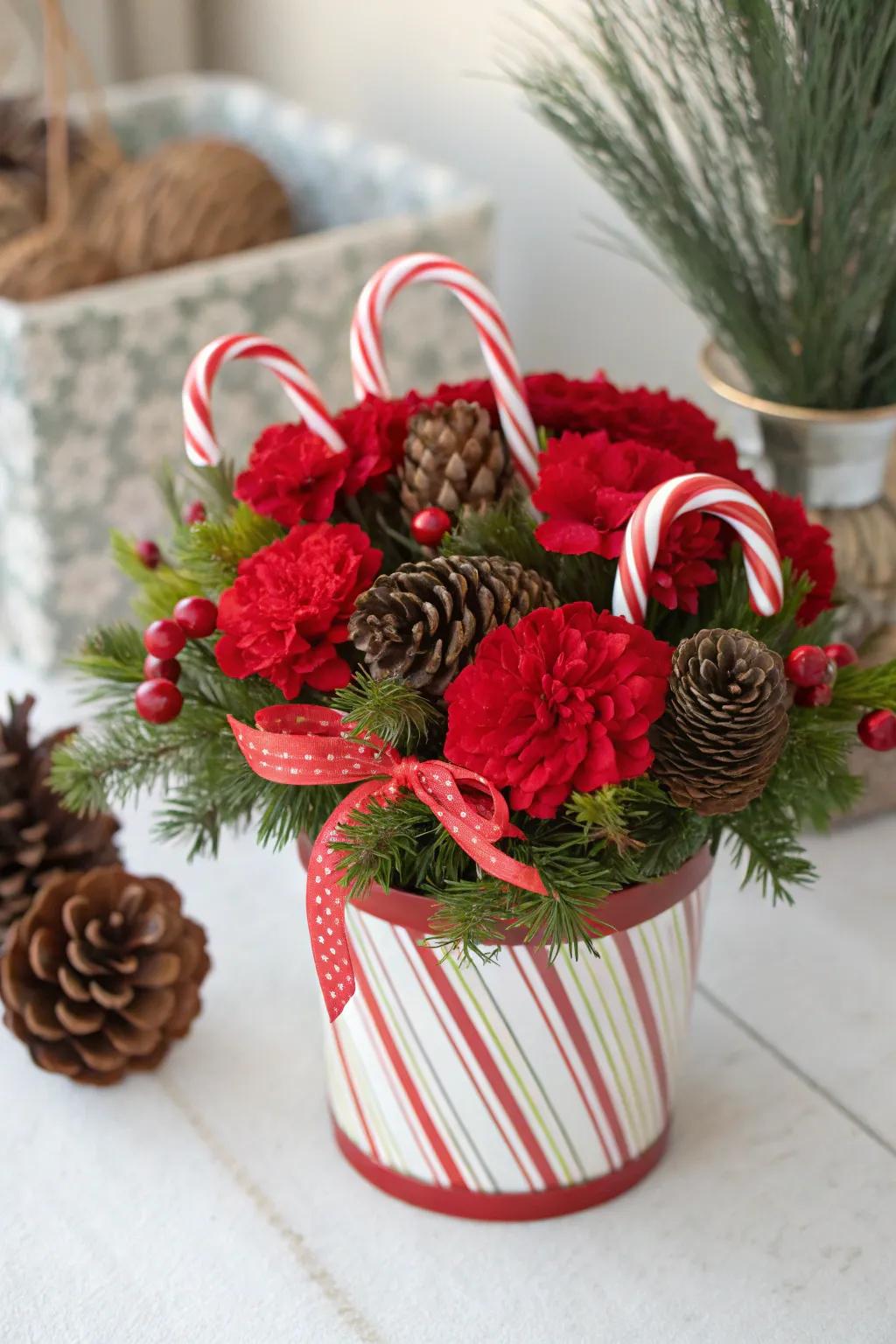 A fun Christmas bouquet featuring 'striped delights' and 'crimson blooms'.