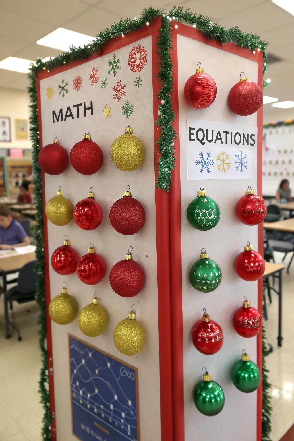 Mathematics transforms into festivity with equation ornaments.