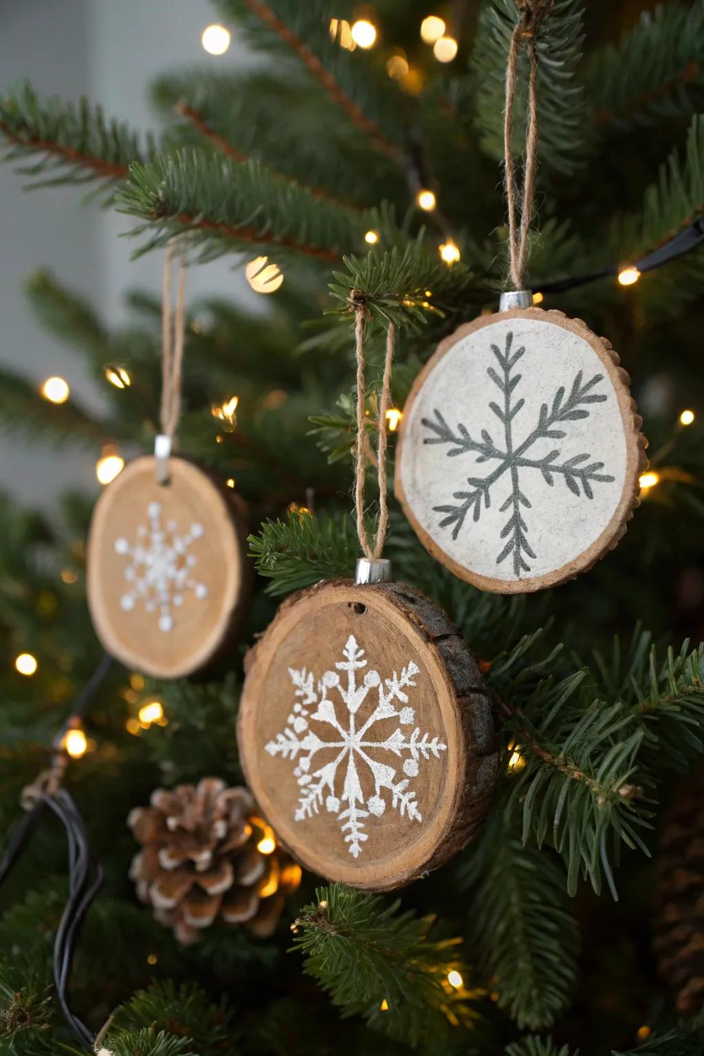 Wood slice ornaments painted with snowflakes gracing a tree.