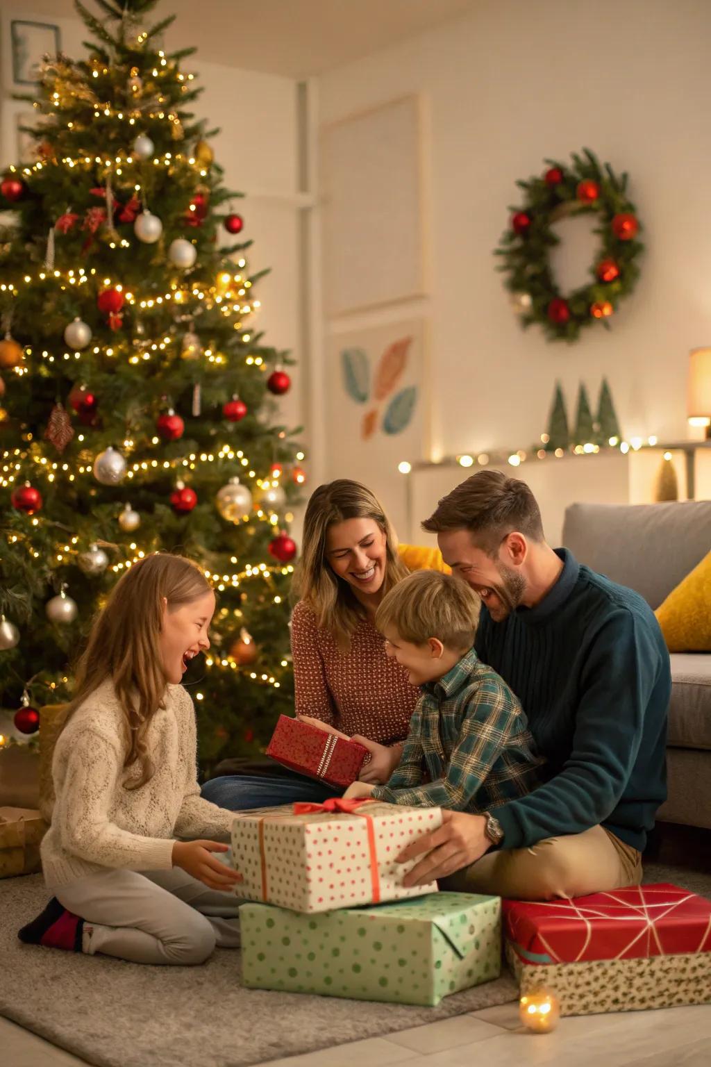 A cheerful family gathering around the Christmas tree, sharing the thrill of opening gifts.
