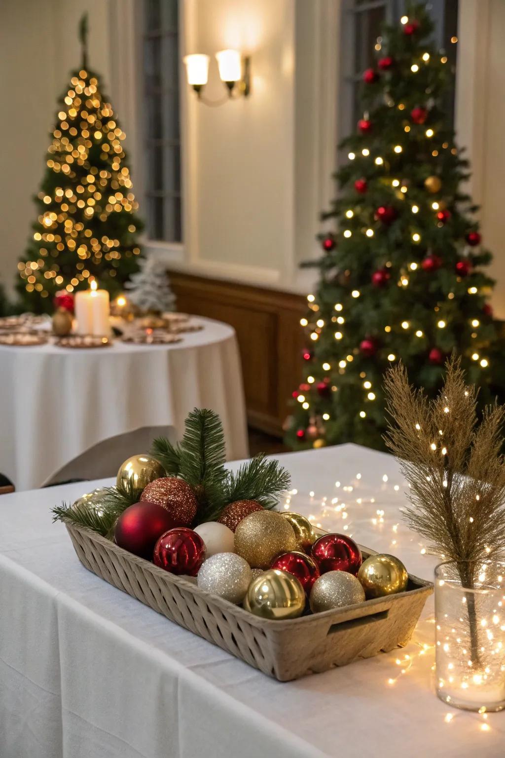 Baubles contribute a dash of radiance to the celebratory table.