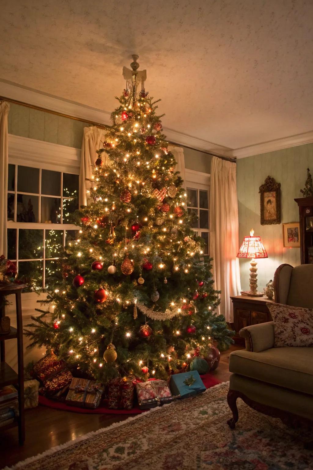 A nostalgic Christmas tree showcasing aged decors and vibrant lights, stirring affectionate celebration recollections.
