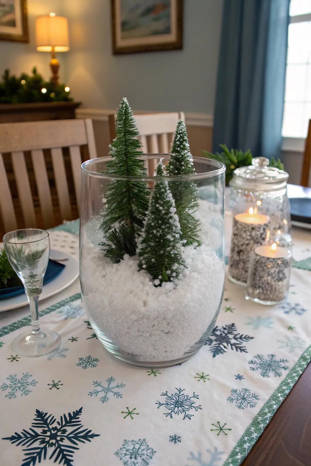 Playful winter setting: imitation powder and diminutive trees bring nature indoors.