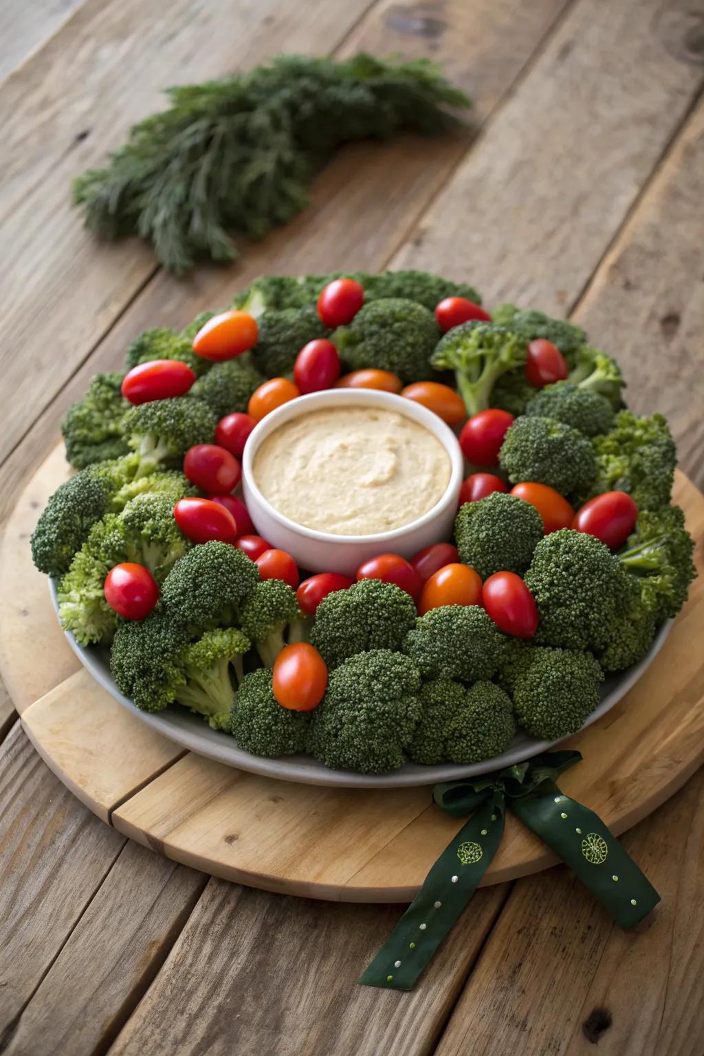 A veggie tray foliage circle that's the perfect holiday centerpiece.