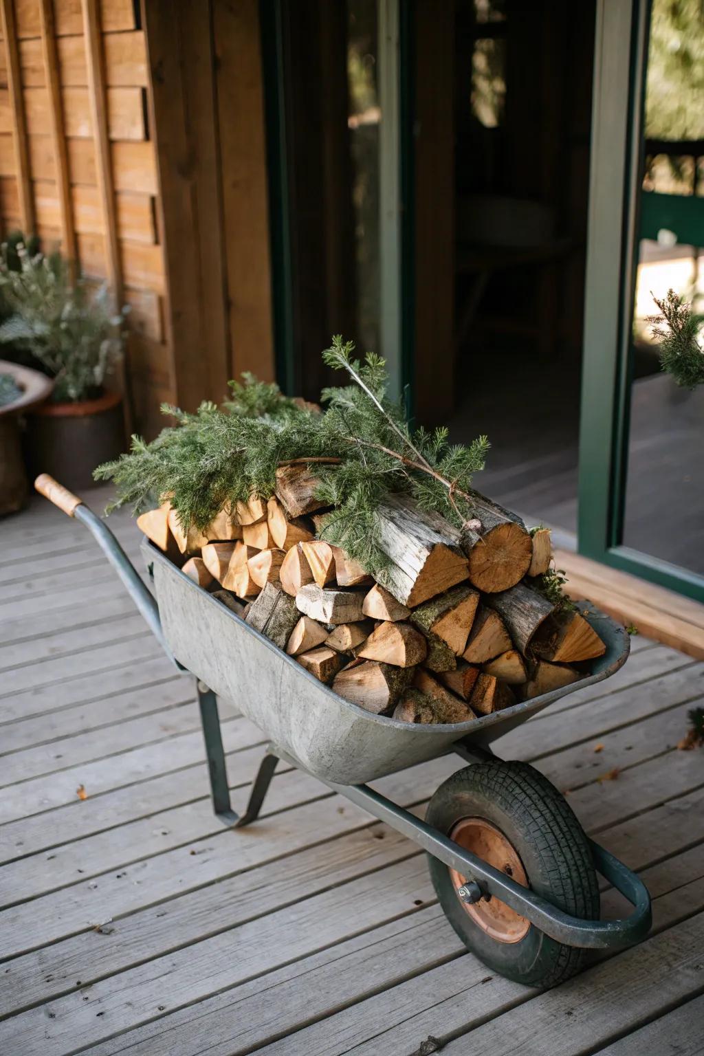 A cozy arrangement of firewood and greenery in a rustic wheelbarrow.