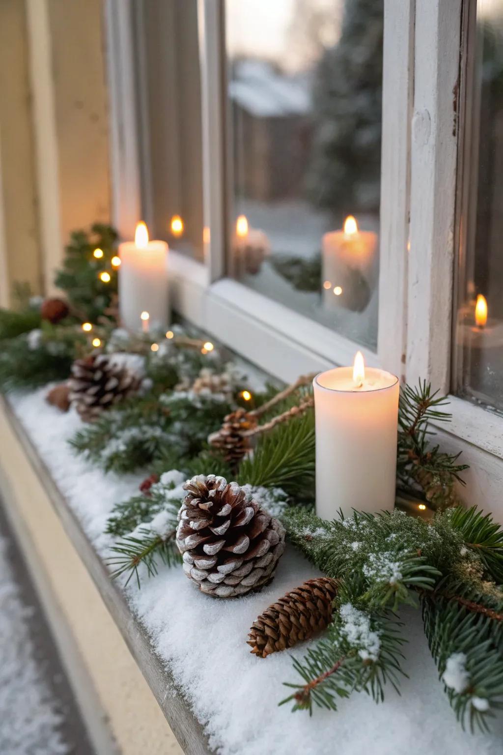 An enchanting window arrangement showcasing festive cone accents and lights.