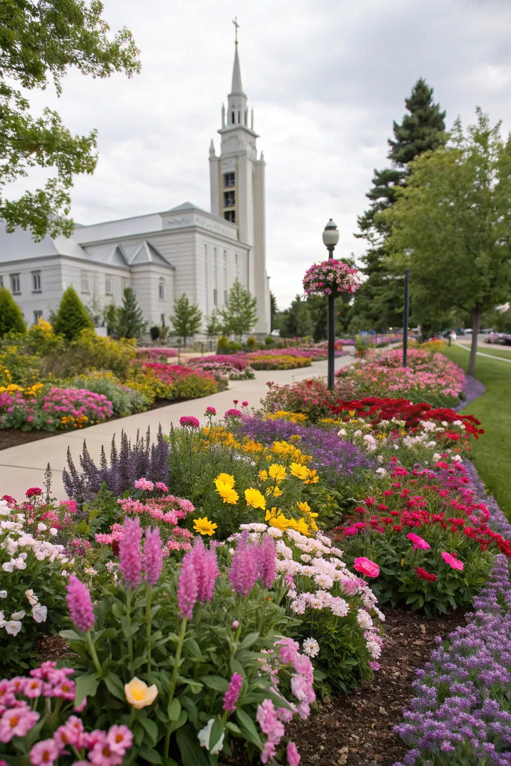 Colorful flower beds contribute a hint of inspiration to church gardens.
