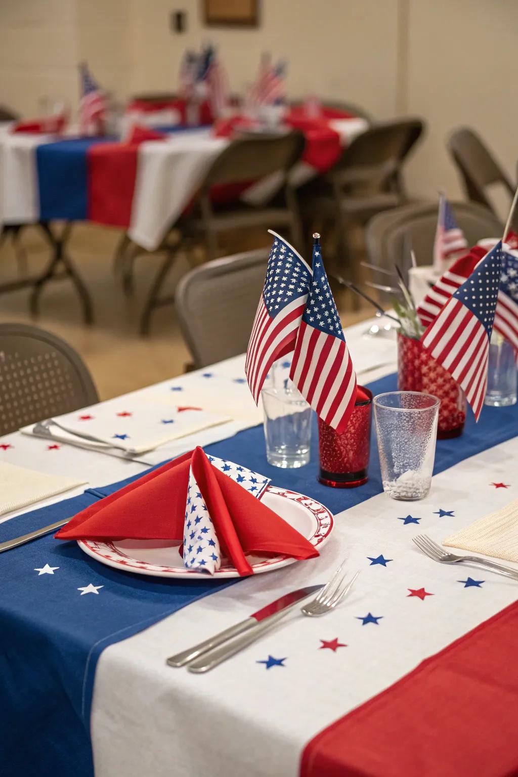 Patriotic table decor creates a welcoming eating setting.