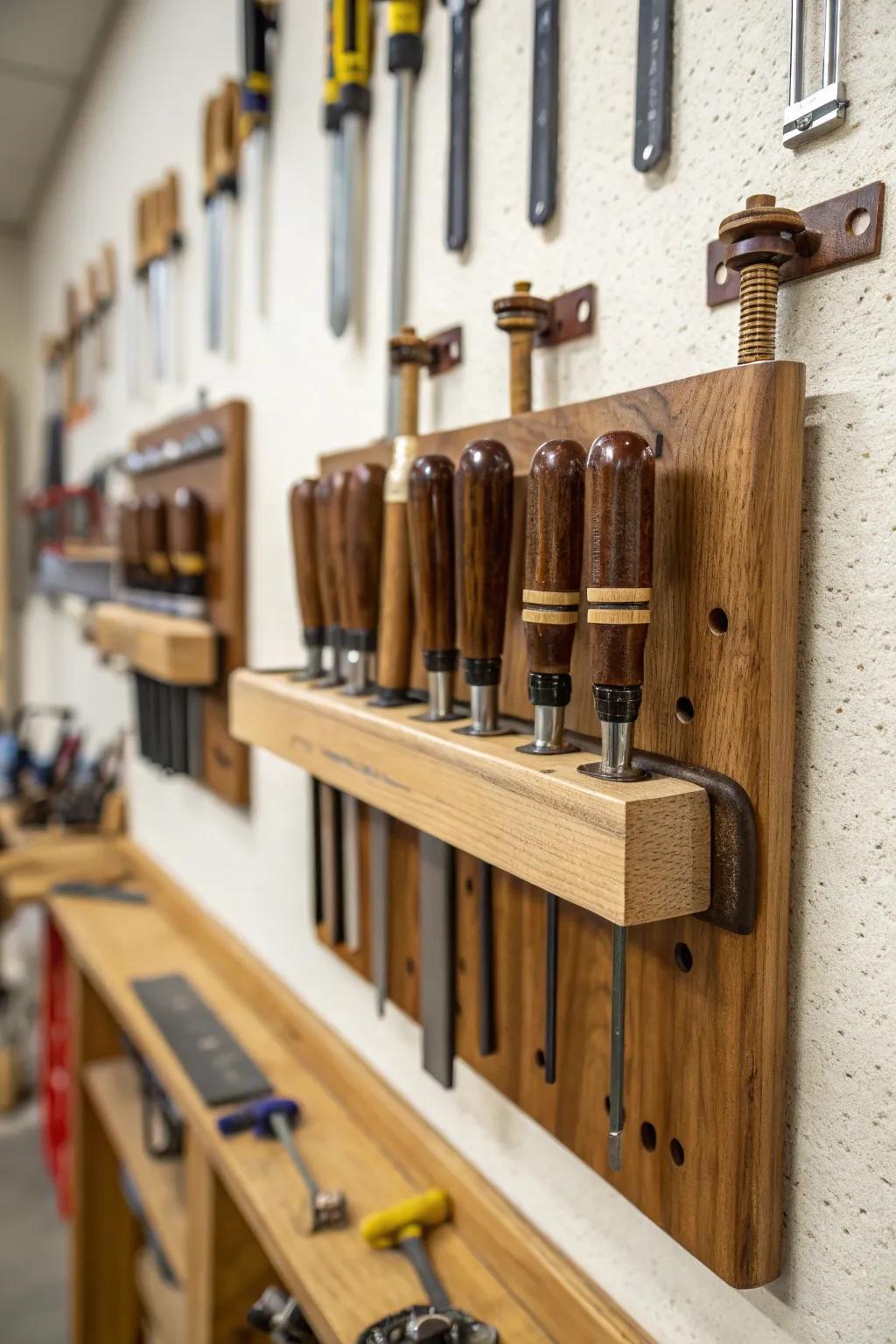Custom wooden holders offer a personalized storage solution for clamps.