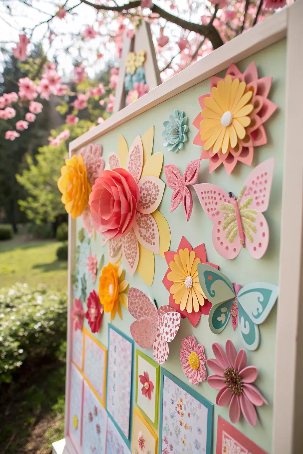 An animated spring-inspired bulletin board featuring 3D flowers and winged insects.