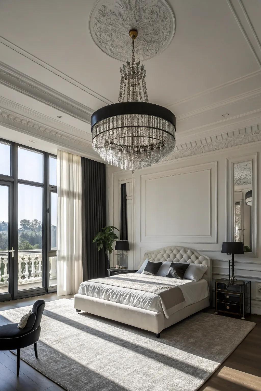 A striking ceiling light elevates the elegance of this bedroom.