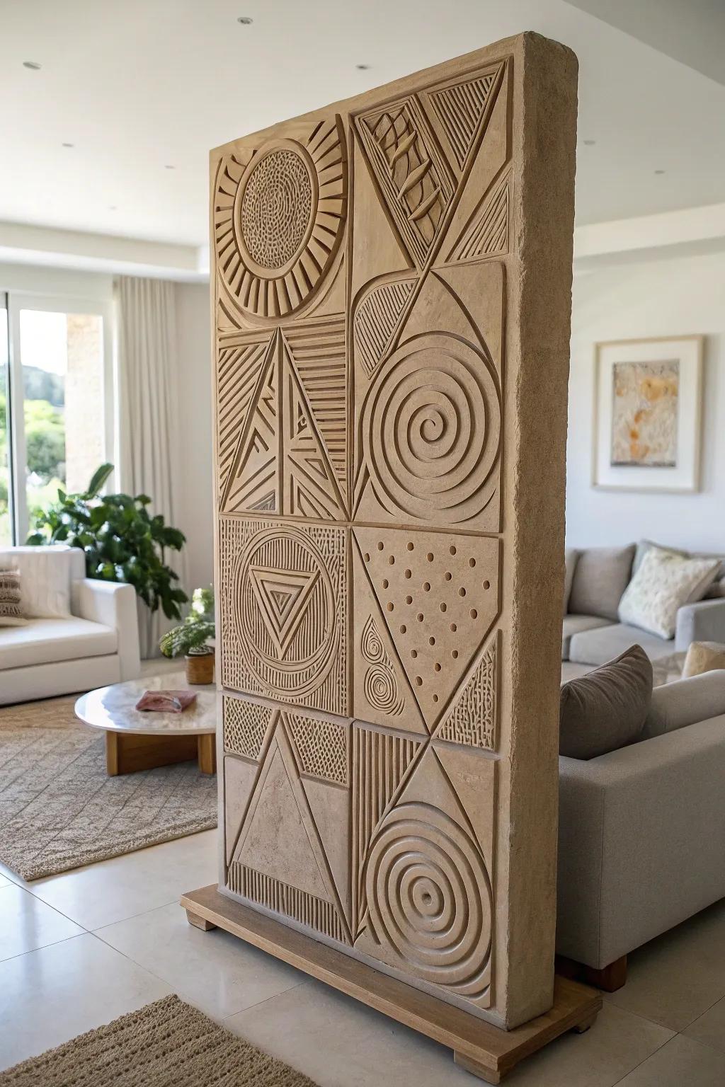 Abstract geometric clay relief sculpture that adds a modern touch to any room.